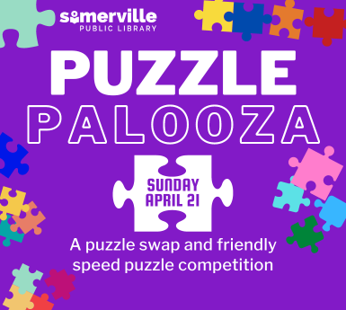 Cover image reading "Puzzle palooza: a puzzle swap and friendly speed puzzle competition" over a purple background with puzzle piece accents.