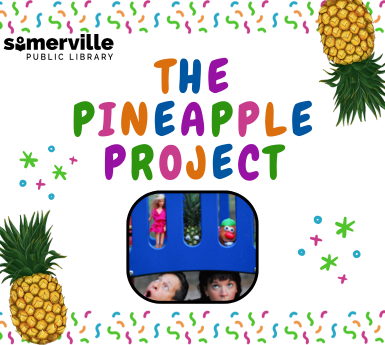 A colorful background featuring a photograph of two people looking silly and playing with funky toys. The title reads "the pineapple project."