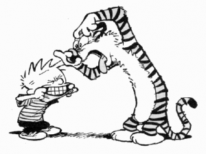 illustration of calvin and hobbes making faces at one another